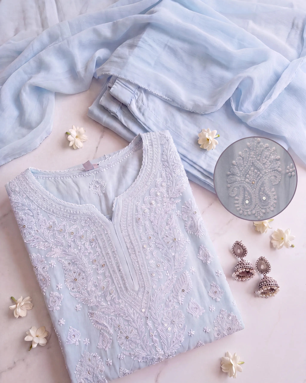 Blue Sequins Chikankari Readymade