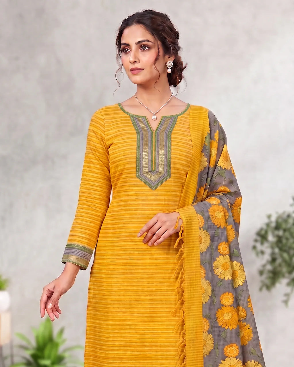 Yellow Green Border cotton suit