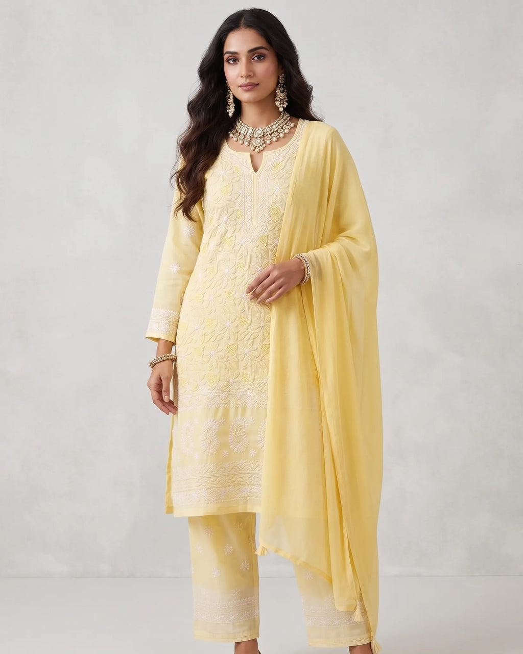 Yellow mulmul chikankari suit