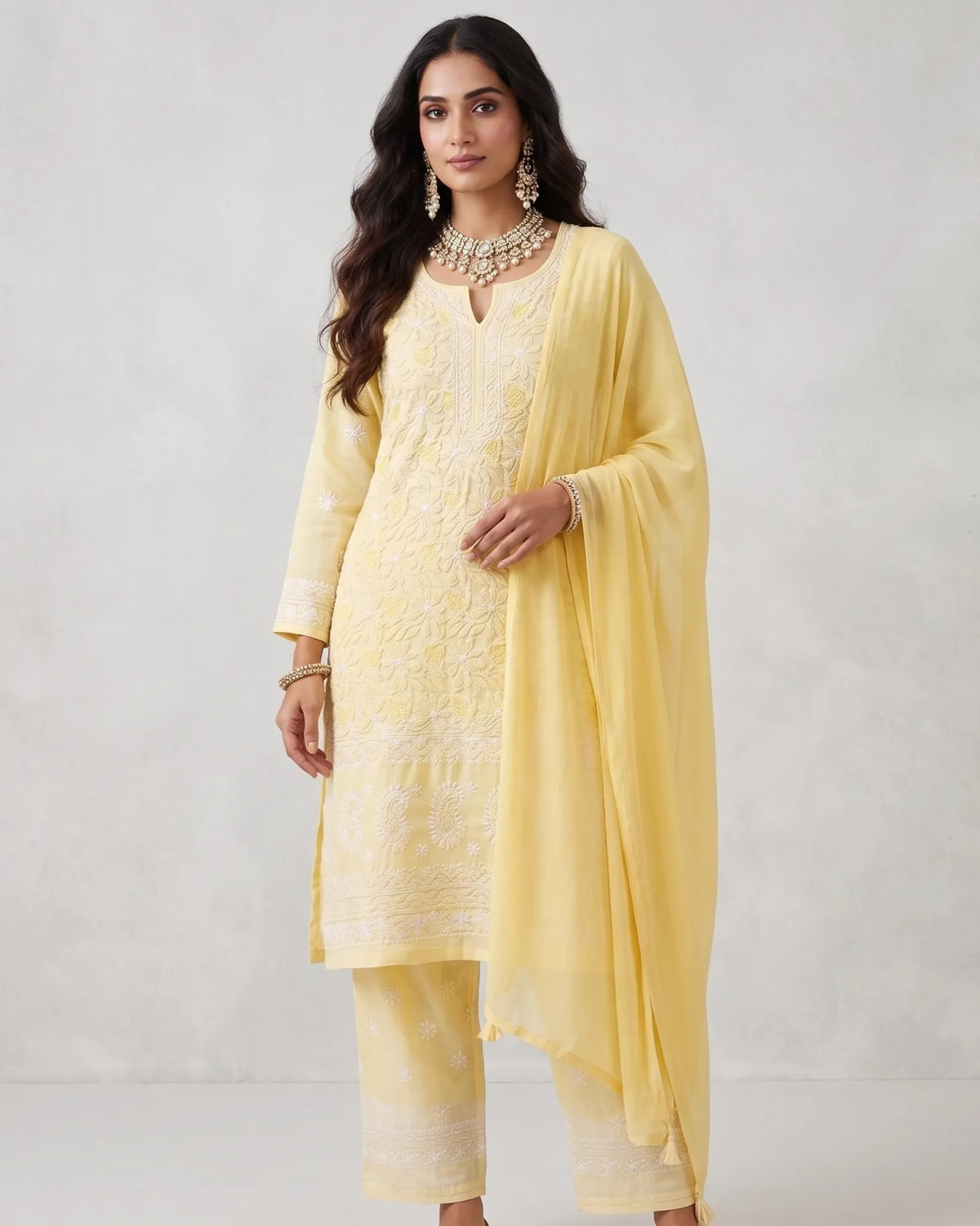 Yellow mulmul chikankari suit