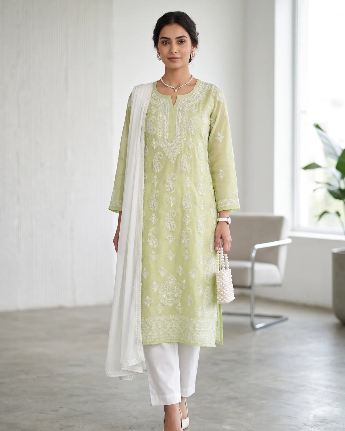Lemon Green Chikankari Mul Kurta