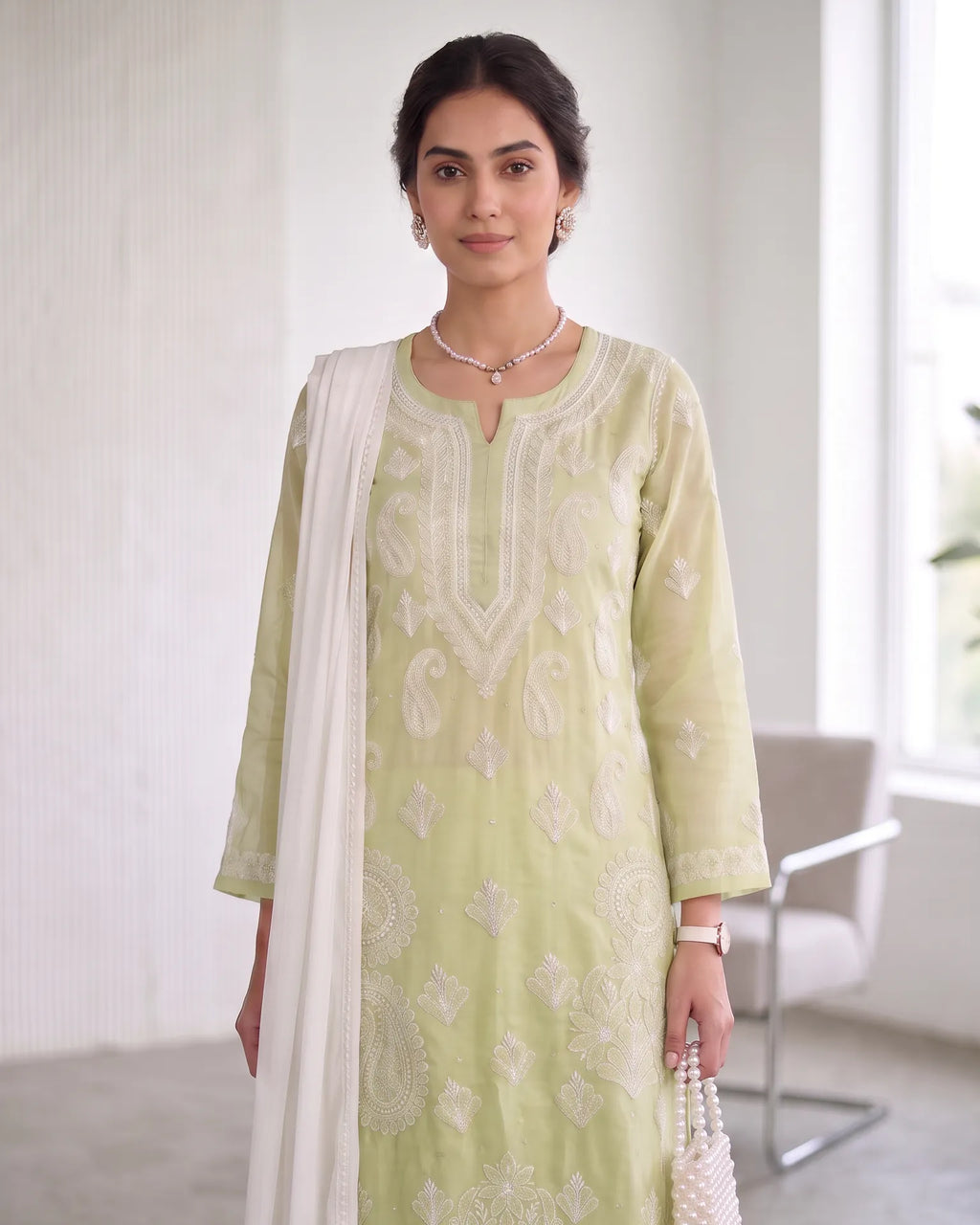 Lemon Green Chikankari Mul Kurta