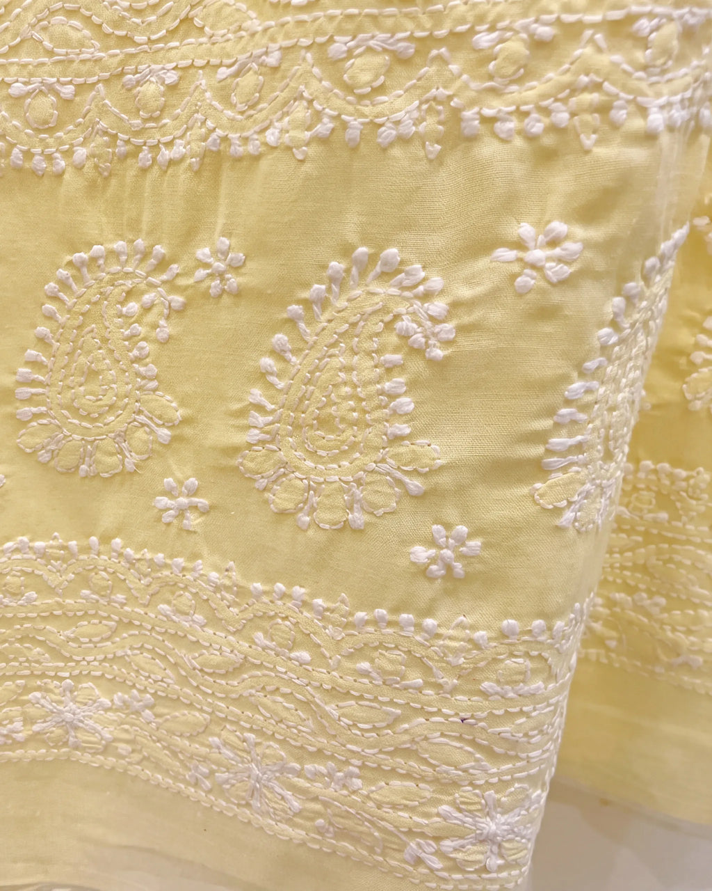 Yellow mulmul chikankari suit