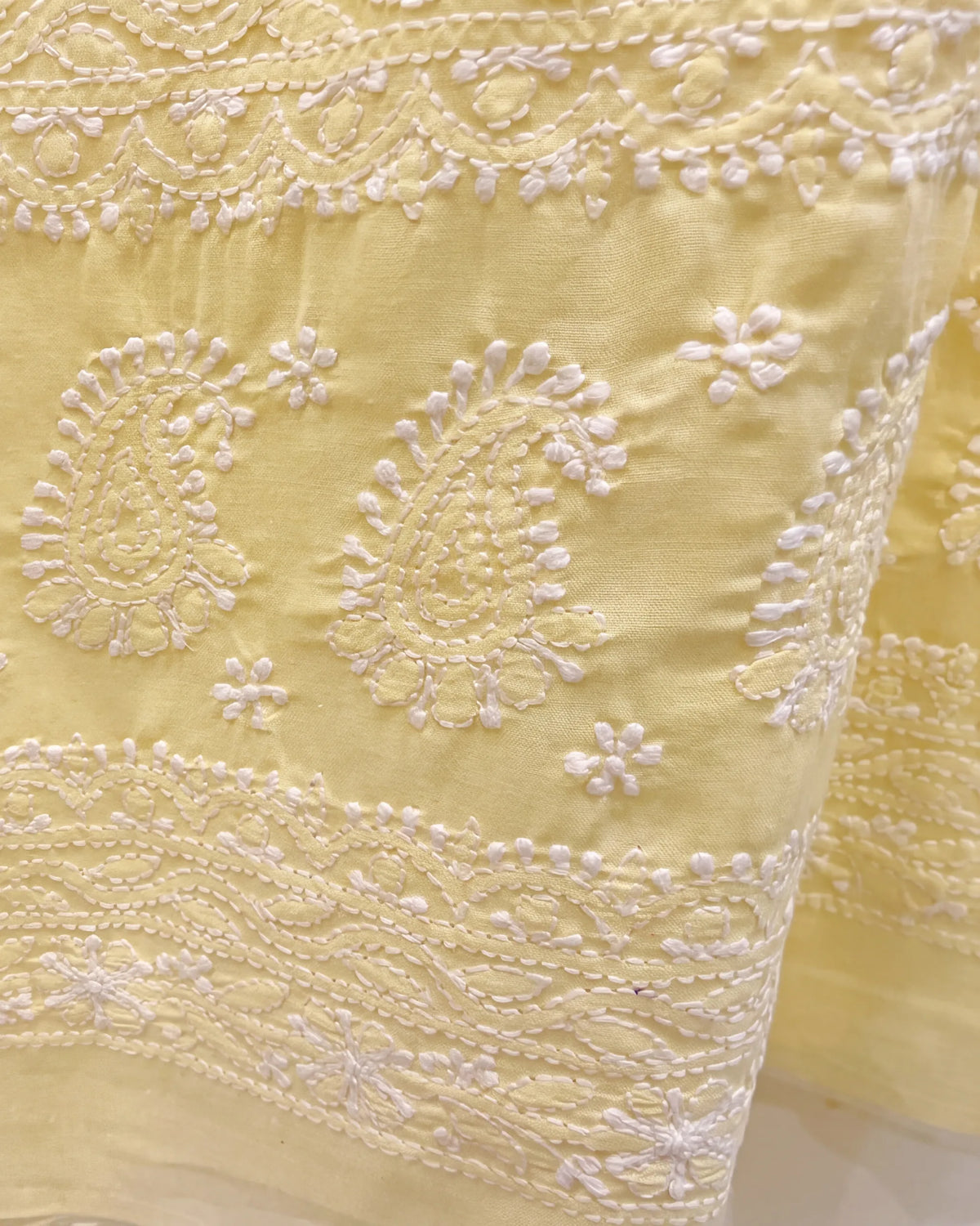 Yellow mulmul chikankari suit