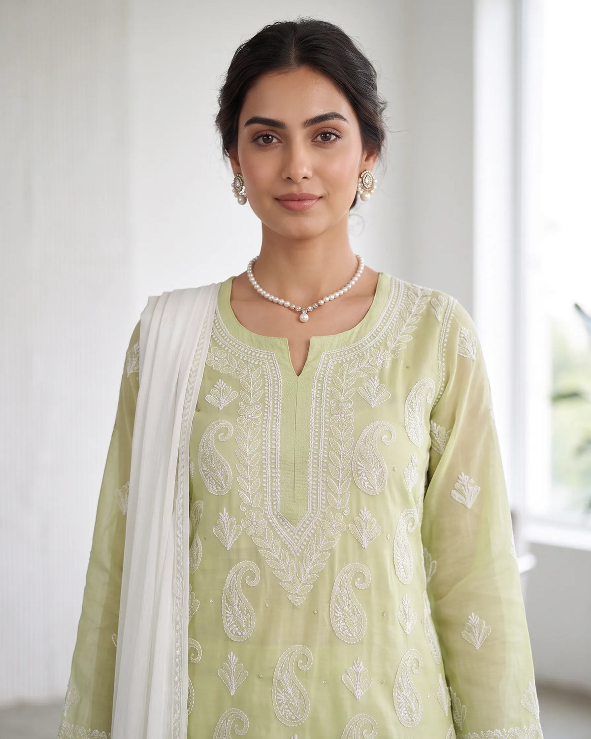Lemon Green Chikankari Mul Kurta