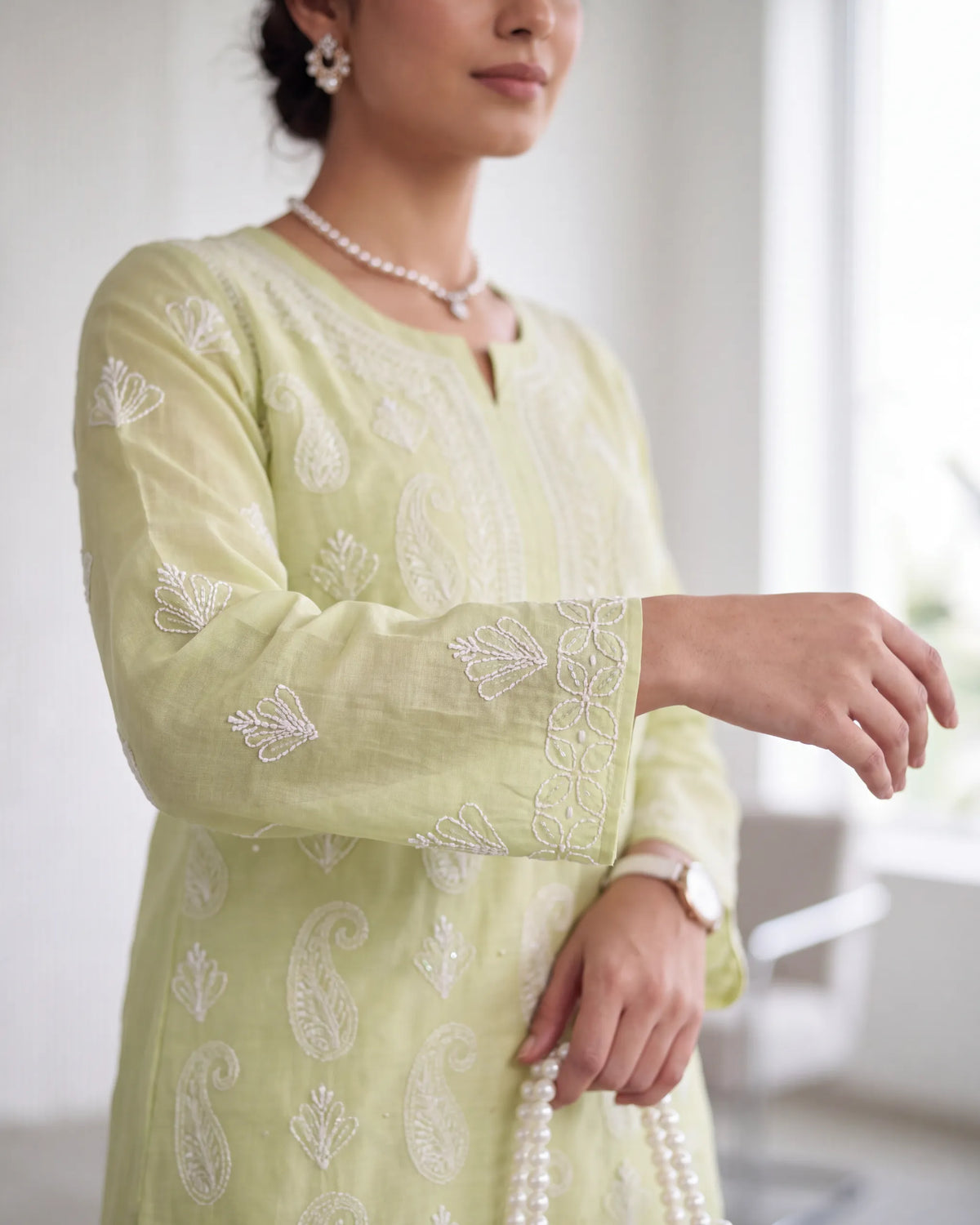 Lemon Green Chikankari Mul Kurta
